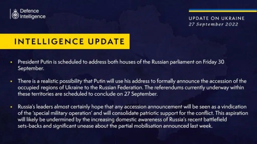 У британській розвідці навали дату оголошення Путіним про приєднання до Росії захоплених територій України
