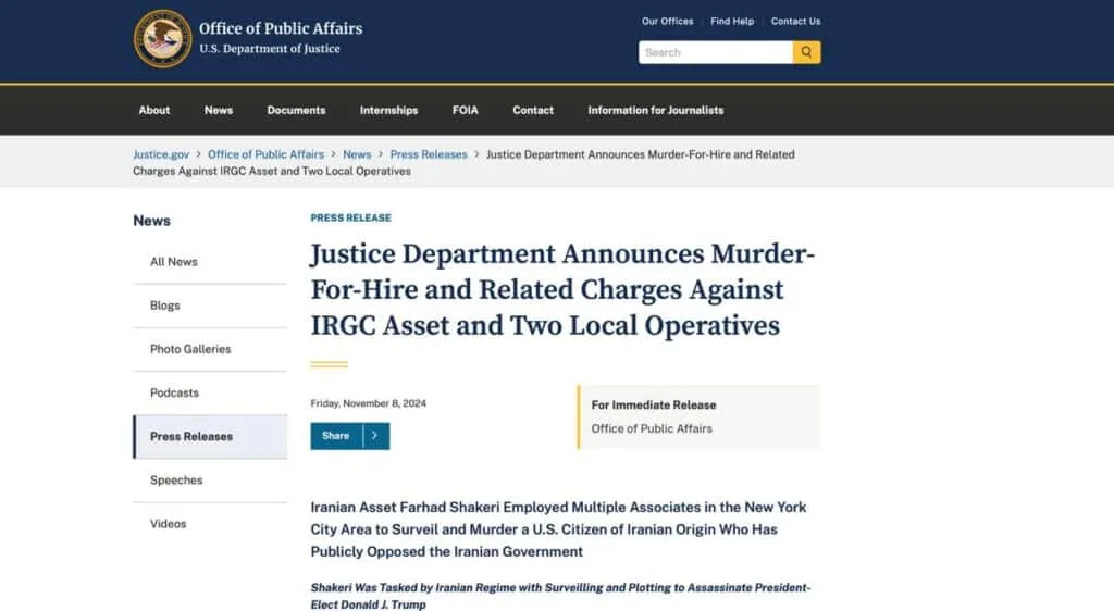 Мін’юст США офіційно повідомив, що Іран планував убивство Дональда Трампа